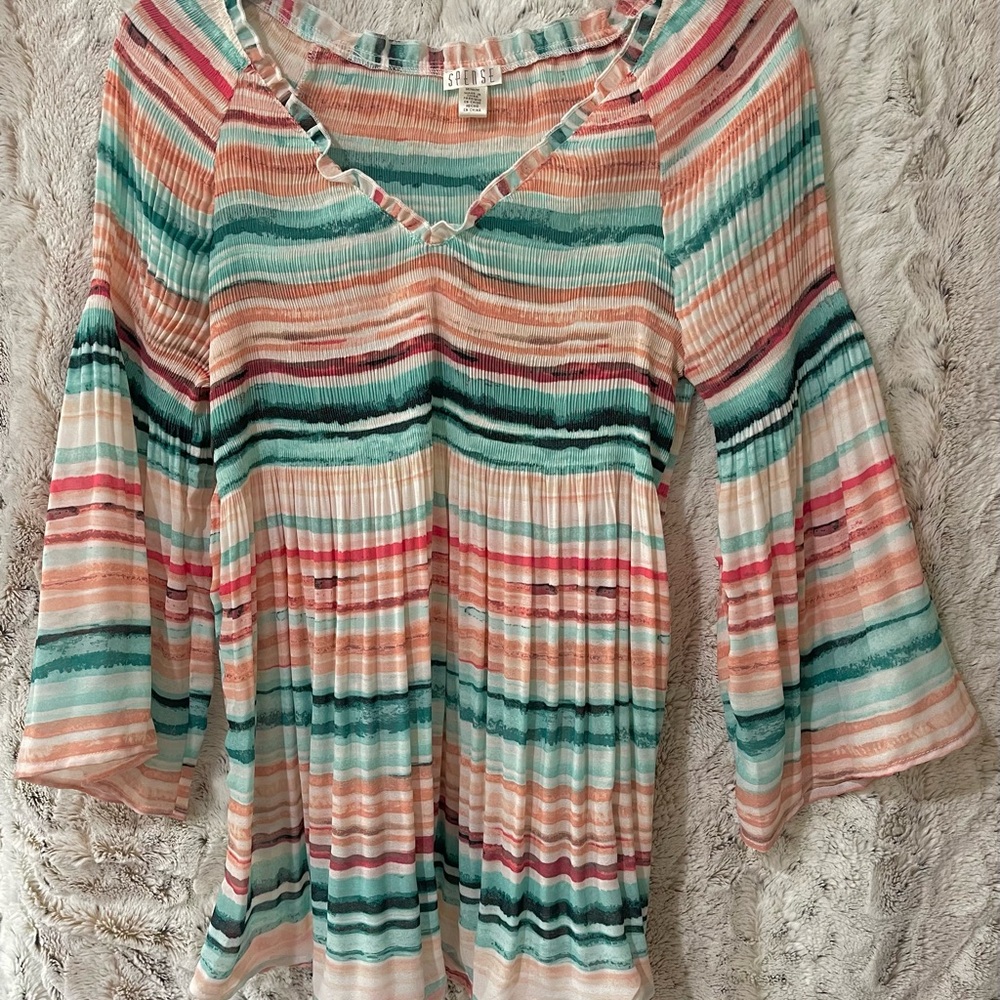 Spense Striped Peasant Tunic in Aqua, Peach & Cream